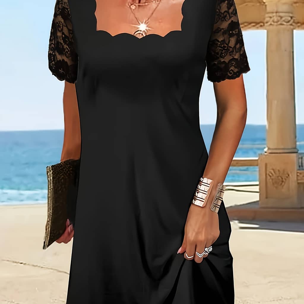 Contrast Lace Scallop Trim Dress, Elegant Solid Color Short Sleeve Dress For , Women’s Clothing Clothing Shop Online at Dubai Trades 2