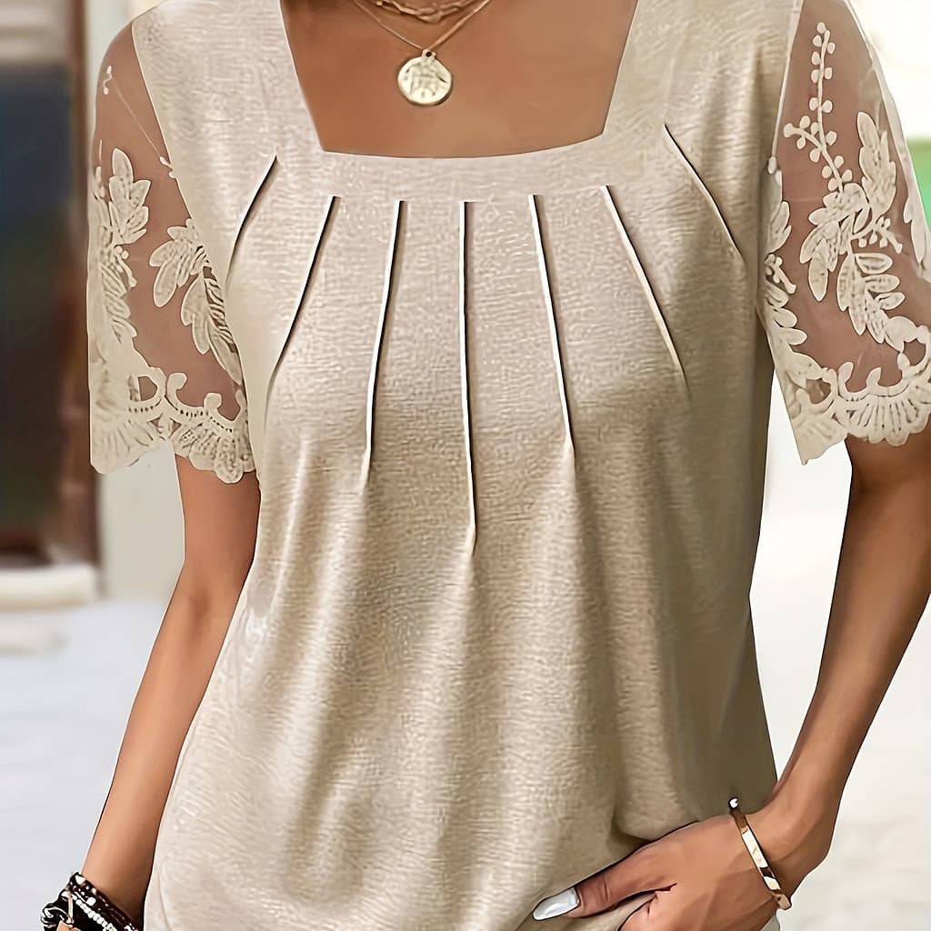 Contrast Lace Square Neck T-shirt, Elegant Short Sleeve T-shirt For , Women’s Clothing Clothing Shop Online at Dubai Trades 2