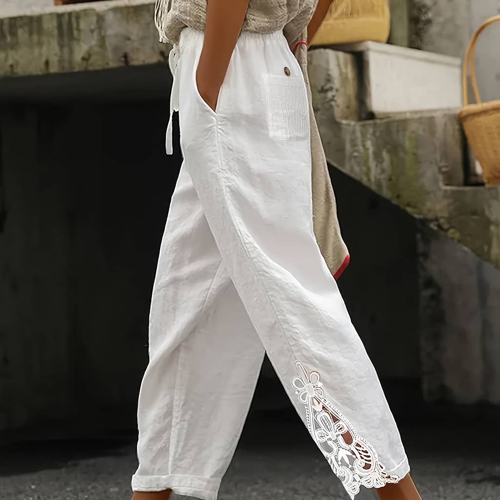Contrast Lace Straight Leg Pants, Casual Waist Loose Tied Pants For , Women’s Clothing Clothing Shop Online at Dubai Trades 2