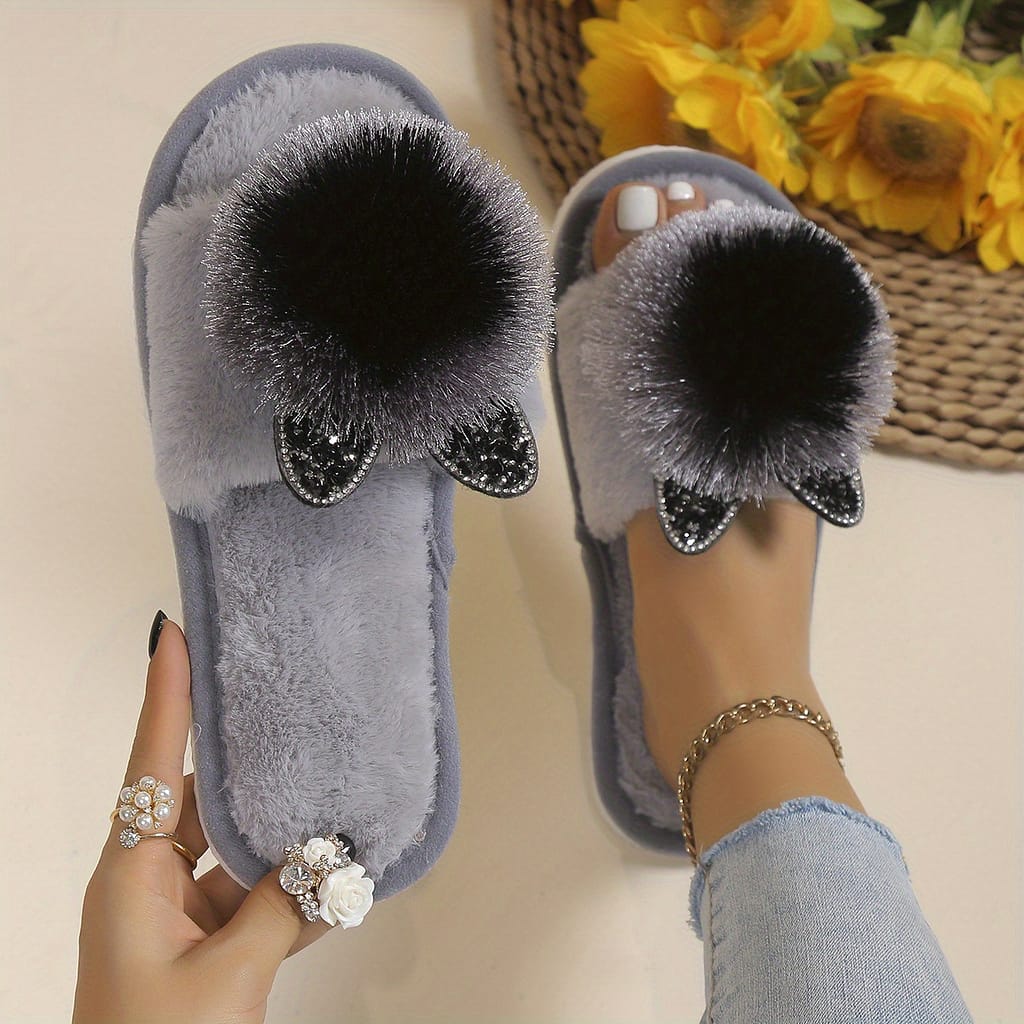 Cozy Women’s Slippers With Fluffy Fur Trim & Rhinestone Accents – Light Gray Plush Indoor House Shoes, Sole, , Hand Wash Only, House Slippers Clothing, Shoes & Jewelry Shop Online at Dubai Trades 2
