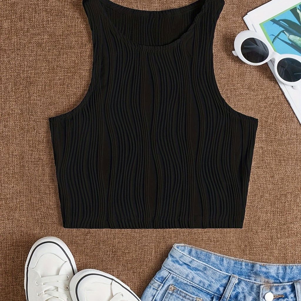 Crew Neck Polyester Spandex Sleeveless Top – Solid Color Knit Fabric Vest For Clothing Shop Online at Dubai Trades 2