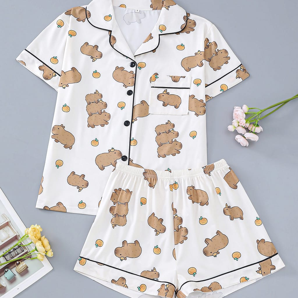 Cute Capybara Print Pajama Set, Short Sleeve Buttons Lapel Top & Shorts, Women’s Sleepwear Clothing Shop Online at Dubai Trades 2
