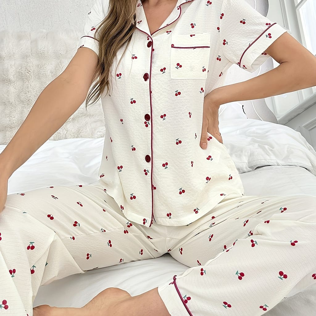 Cute Cherry Print Textured Pajama Set, Short Sleeve Button Up Lapel Collar Top & Pants, Women’s Sleepwear & Loungewear Clothing Shop Online at Dubai Trades 2