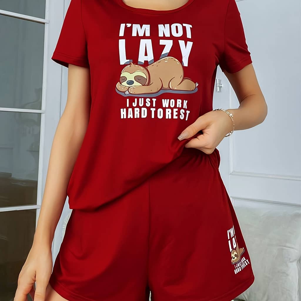 Cute Sloth & Slogan Print Pajama Set, Short Sleeve Round Neck Top & Shorts, Women’s Sleepwear Clothing Shop Online at Dubai Trades 2