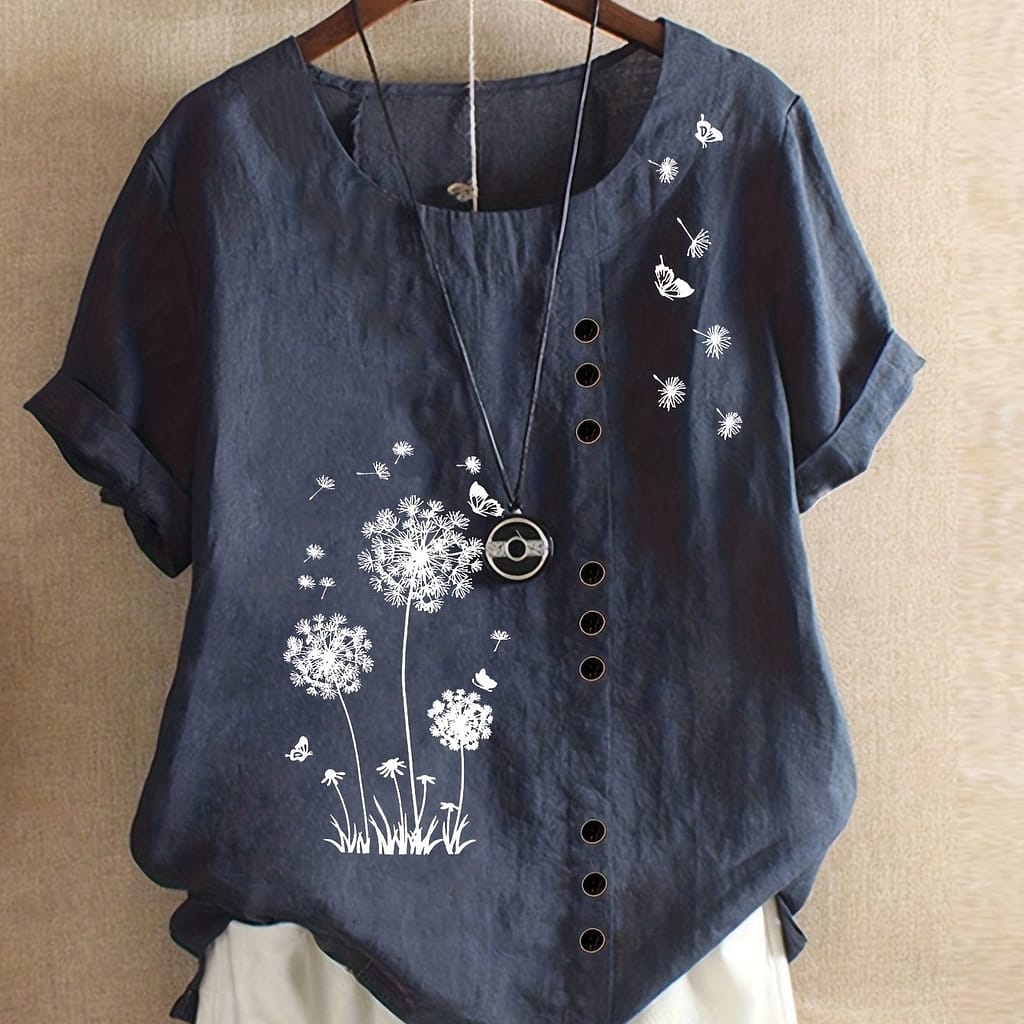 Dandelion Print Button Decor T-shirt, Casual Crew Neck Short Sleeve T-shirt For , Women’s Clothing Clothing Shop Online at Dubai Trades 2