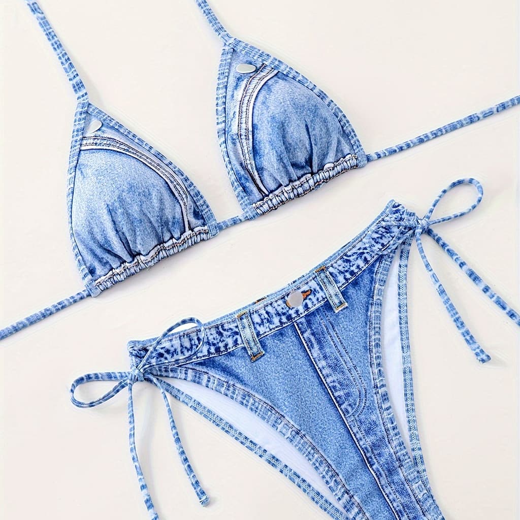 Denim Print 2 Piece Set Bikini, Triangle Halter Neck High Cut Tie Side Swimsuits, Women’s Swimwear & Clothing Bikinis Shop Online at Dubai Trades 2