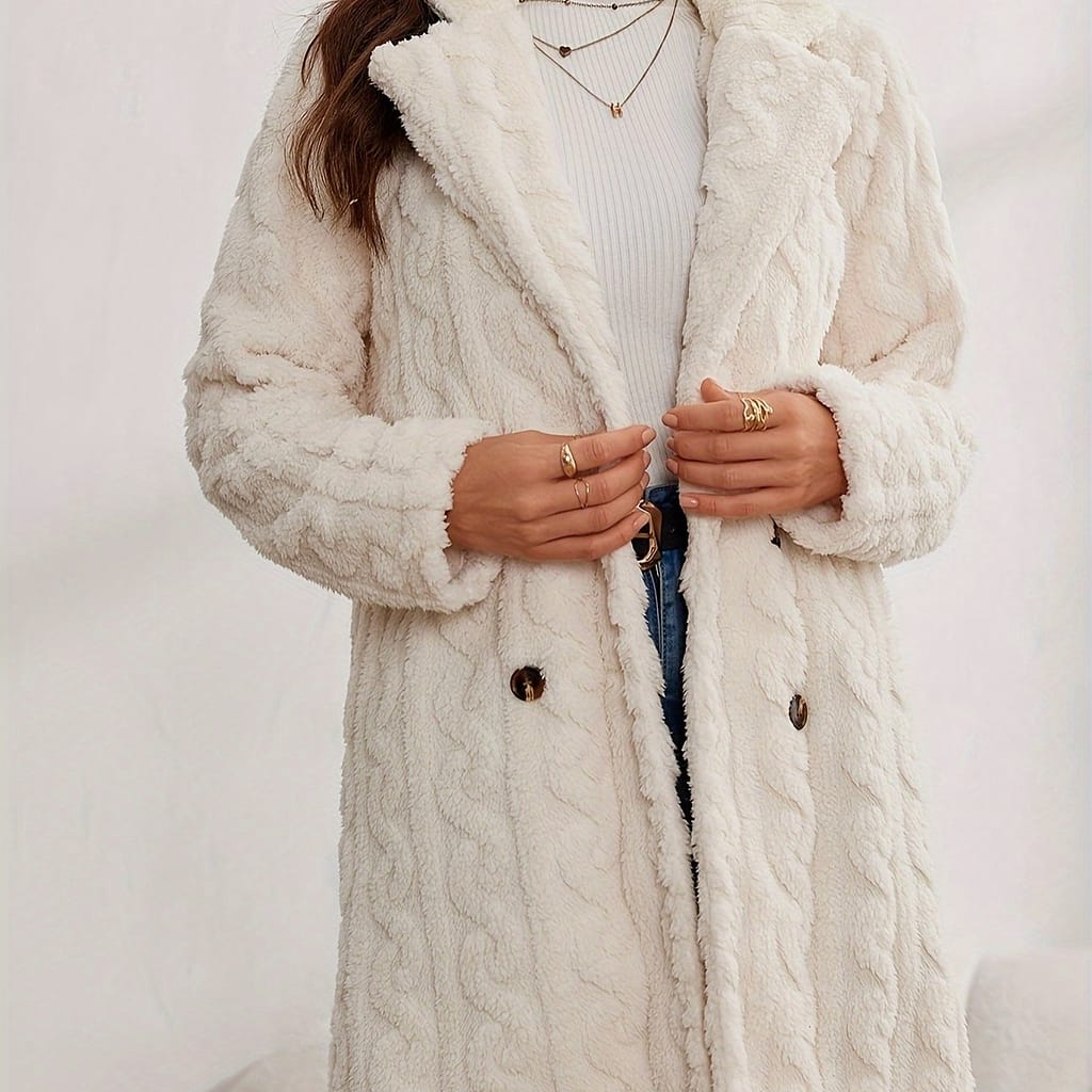 Double-breasted Fuzzy Lapel Coat, Elegant Thermal Solid Long Sleeve Coat For Fall & Winter, Women’s Clothing Clothing Shop Online at Dubai Trades 2