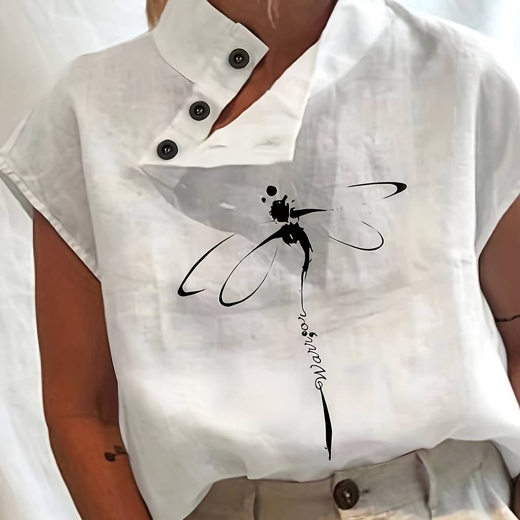 Dragonfly Print Button Front Blouse, Elegant Short Sleeve Mock Neck Blouse, Women’s Clothing Blouses Shop Online at Dubai Trades 2