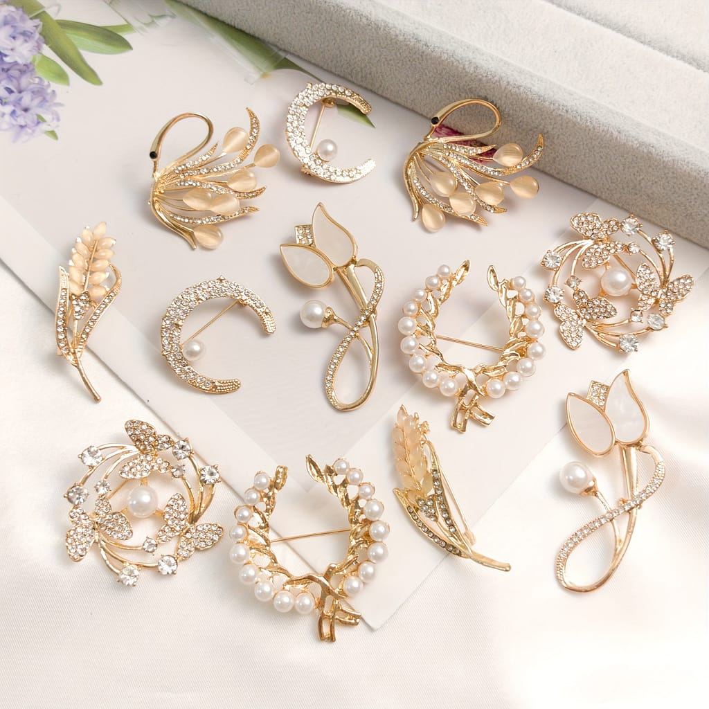 Elegant 12-piece Brooch Pin Set For Women, 14k Plated Zinc Alloy With Rhinestones, Simple Style Fashion Accessories For Party & Gift, Versatile Seasonal Wear Brooches & Pins Shop Online at Dubai Trades 2