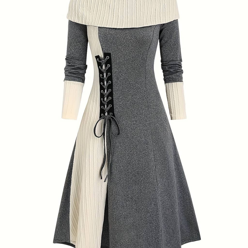 Elegant A-line Midi Dress For Women – Vintage-inspired Off-shoulder Long Sleeve With -up Detail, Stretchy Polyester, Machine Washable – Clothing Shop Online at Dubai Trades 2