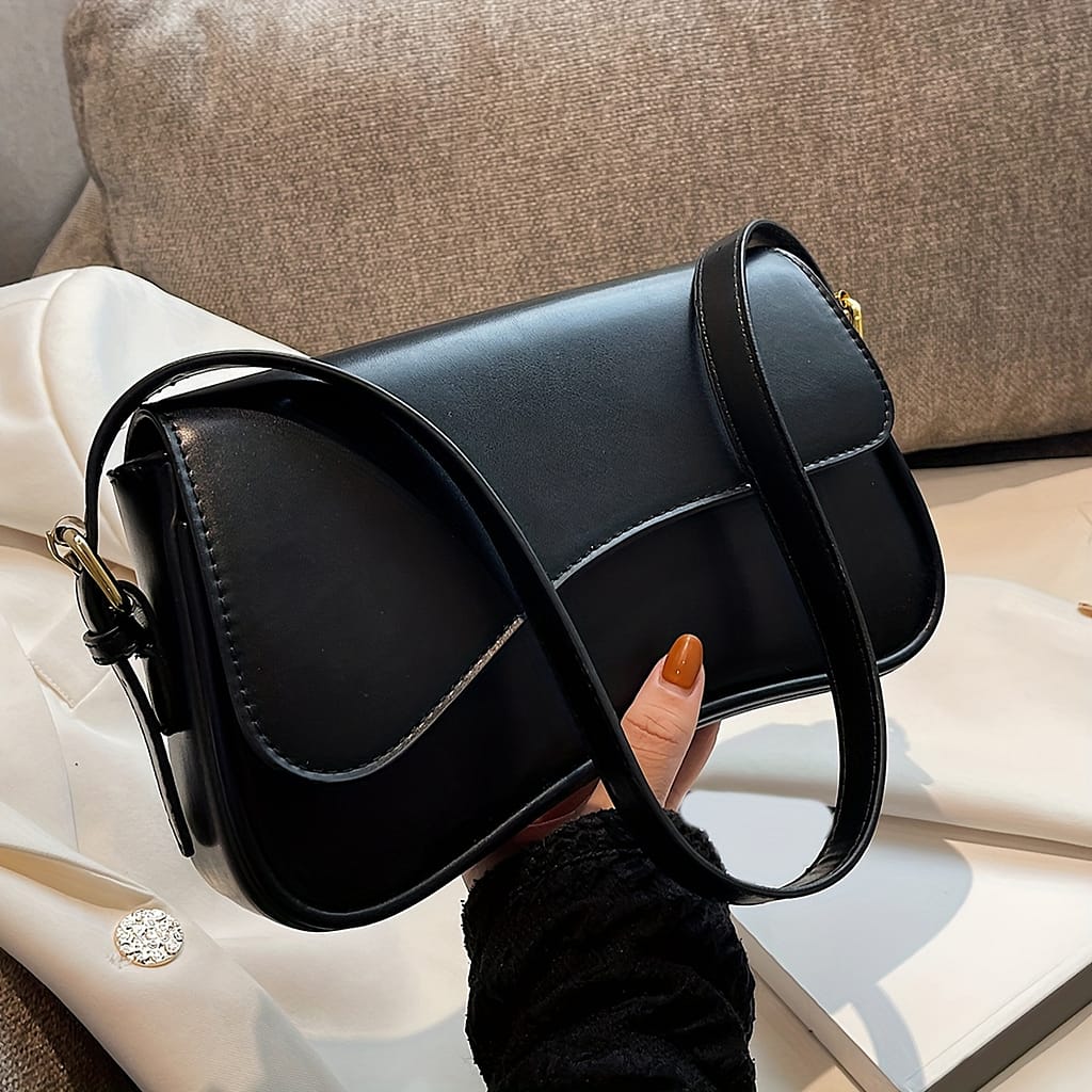 Elegant Black Baguette Bag – Adjustable Strap, Textured Flap Design, Solid Color Underarm Purse For Women, Formal Accessory | Bag | Goldtone Hardware, Purse Strap Clothing, Shoes & Jewelry Shop Online at Dubai Trades 2