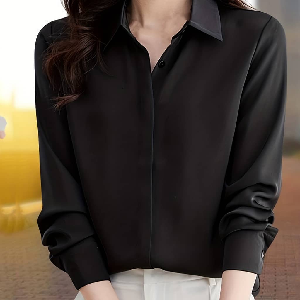 Elegant Black Long Sleeve Shirt For Women – Solid Color, Spring/summer/fall, Polyester, Non-stretch Fabric Button-Down Shirts Shop Online at Dubai Trades 2
