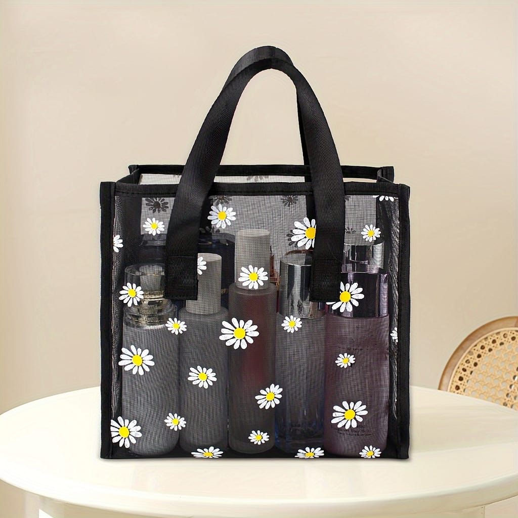 Elegant Black Mesh Tote Bag With White Daisies – Perfect For Cosmetics And Personal Care Items Bags & Cases Shop Online at Dubai Trades 2