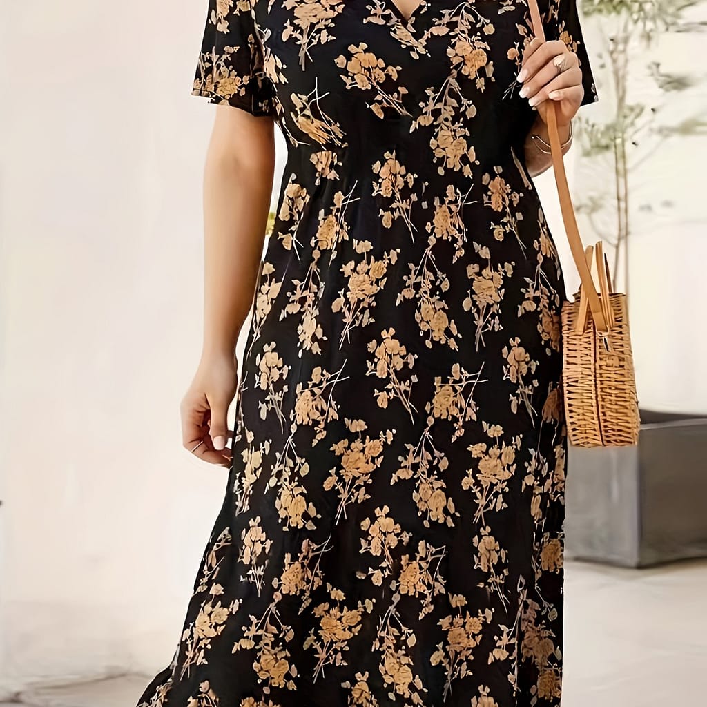 Elegant Blue Floral Midi Dress With Sleeves – Chic Surplice Neck, Lightweight Polyester , Machine Washable – Style For Women, Elegant Long Sleeve Dress Clothing Shop Online at Dubai Trades 2