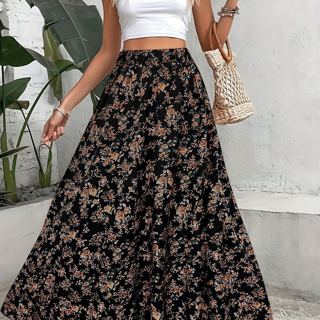 Elegant Directional Small Floral Elastic Waist Long Skirt, Bohemian Style Women’s Long Skirt. Clothing Shop Online at Dubai Trades 2