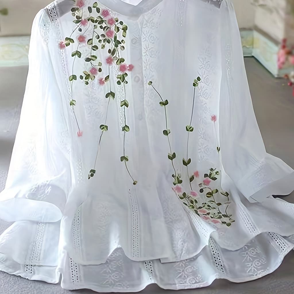 Elegant Floral Blouse For Women – With , Round Neck, Cuffs, , Spring Wardrobe Essential | Feminine Style Blouse | Intricate Embroidery, Ladies Blouses Blouses Shop Online at Dubai Trades 2