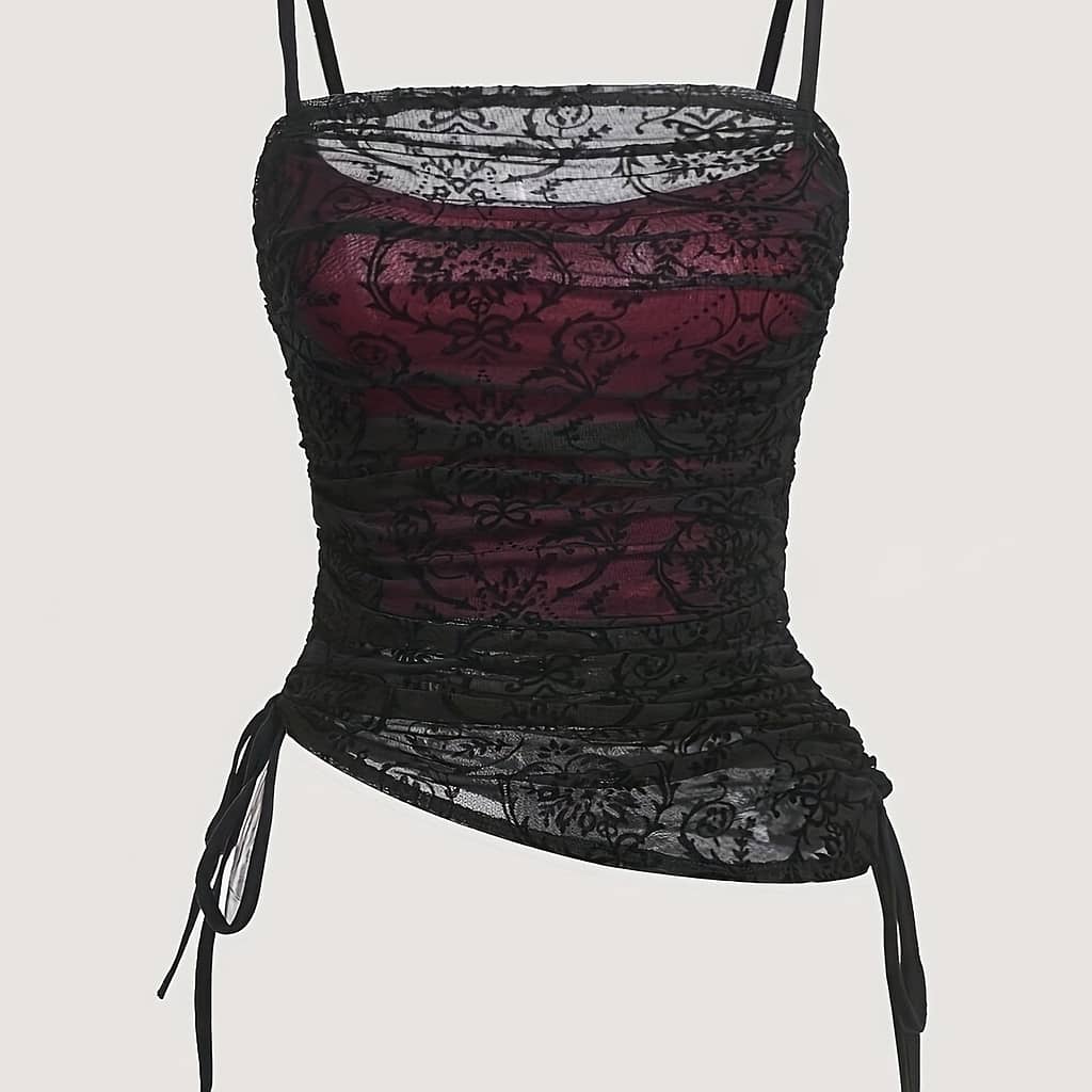 Elegant Floral Lace Corset Top With Adjustable Drawstring & Mesh Overlay – Women’s Sleeveless Bustier Cami In Black & Burgundy, Spring/summer/fall Clothing Shop Online at Dubai Trades 2