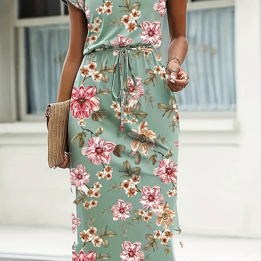 Elegant Floral Midi Dress For Women – Lightweight Polyester, Crew Neck, Short Sleeves With Tie Waist Detail, Spring/summer/fall Events, Floral Print Dress Clothing Shop Online at Dubai Trades 2