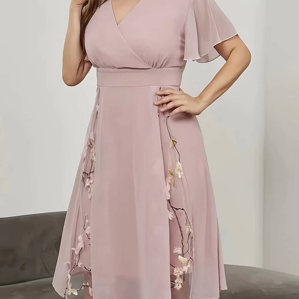 Elegant Floral Midi Dress For Women – V-neck, Sleeves, Cinched Waist, Machine Washable, Polyester , Occasion Dress | Sleeve Dress | Detailing, Cute Dresses Clothing Shop Online at Dubai Trades 2