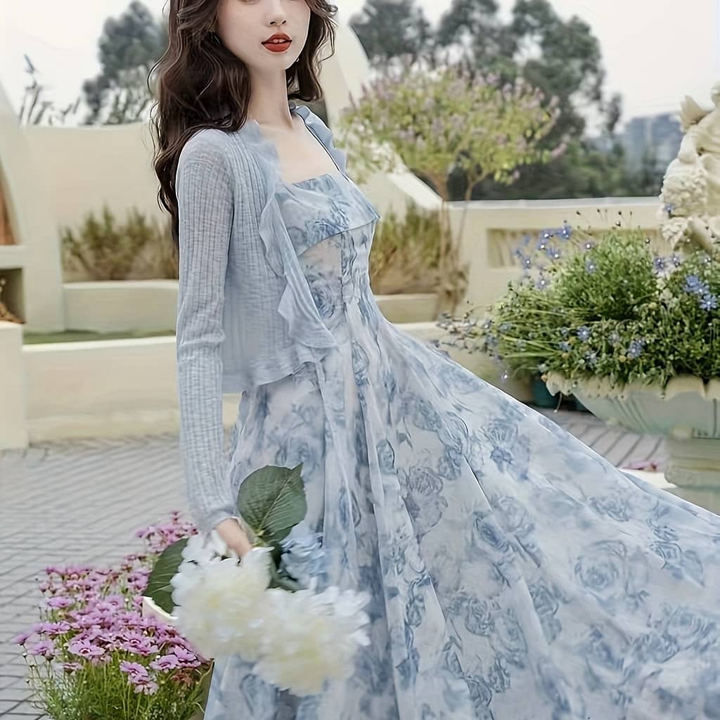 Elegant Floral Print Strap Dress Set, Long Sleeve Ruffle Trim Open Front Ribbed Cardigan & Square Neck Sleeveless A-line Dress Outfits, Women’s Clothing Clothing Shop Online at Dubai Trades 2