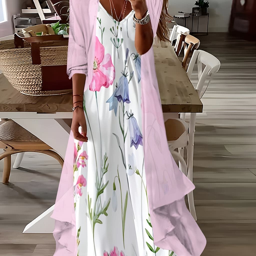 Elegant Floral Print V-neck Dress Set With Light Pink Kimono Sleeve Cover-up, 100% Polyester, Spring/autumn Vacations – Machine Washable Clothing Shop Online at Dubai Trades 2