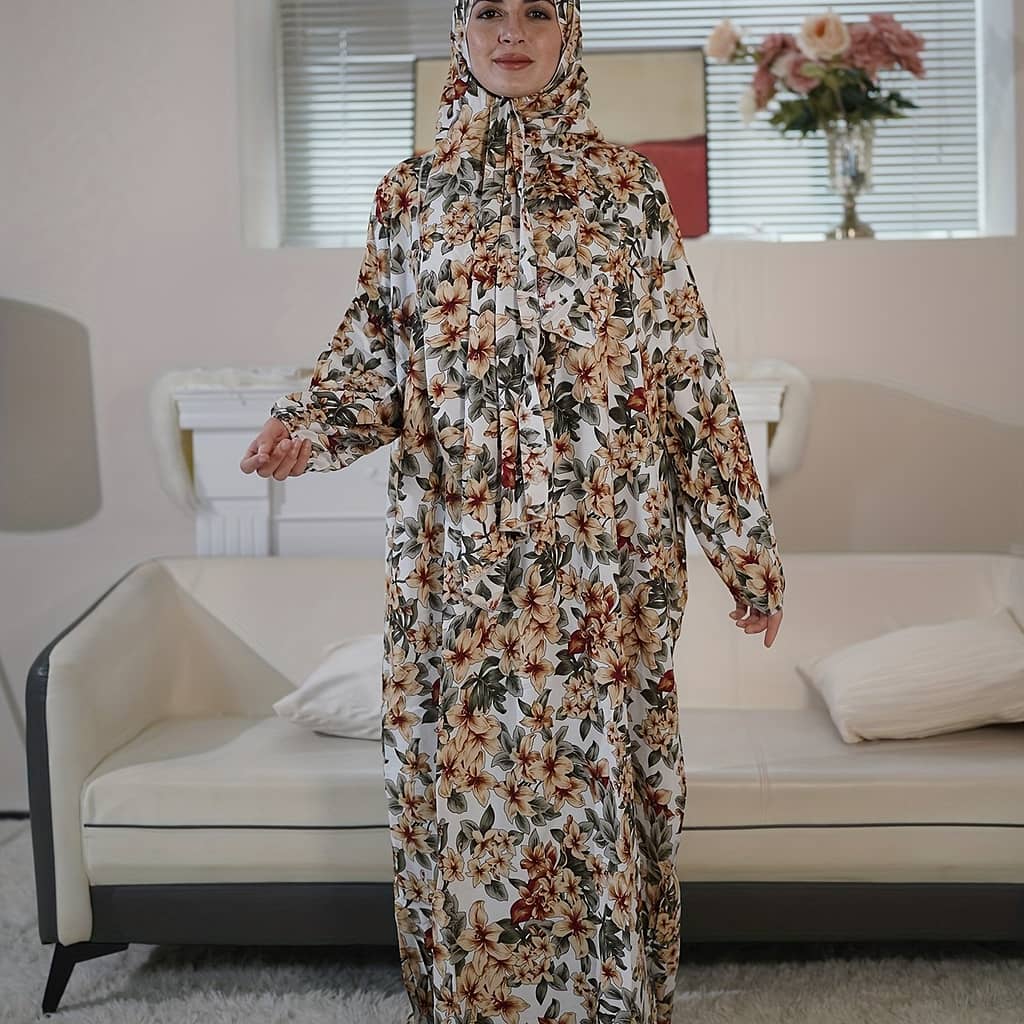 Elegant Floral Rayon Modest Dress For Women – Long Sleeve, Maxi Length With Hijab, Zip-up Closure, Non-sheer Wear, Indoor & Outdoor And Events, Dress Women | Dress | Rayon Fabric Abayas Shop Online at Dubai Trades 2