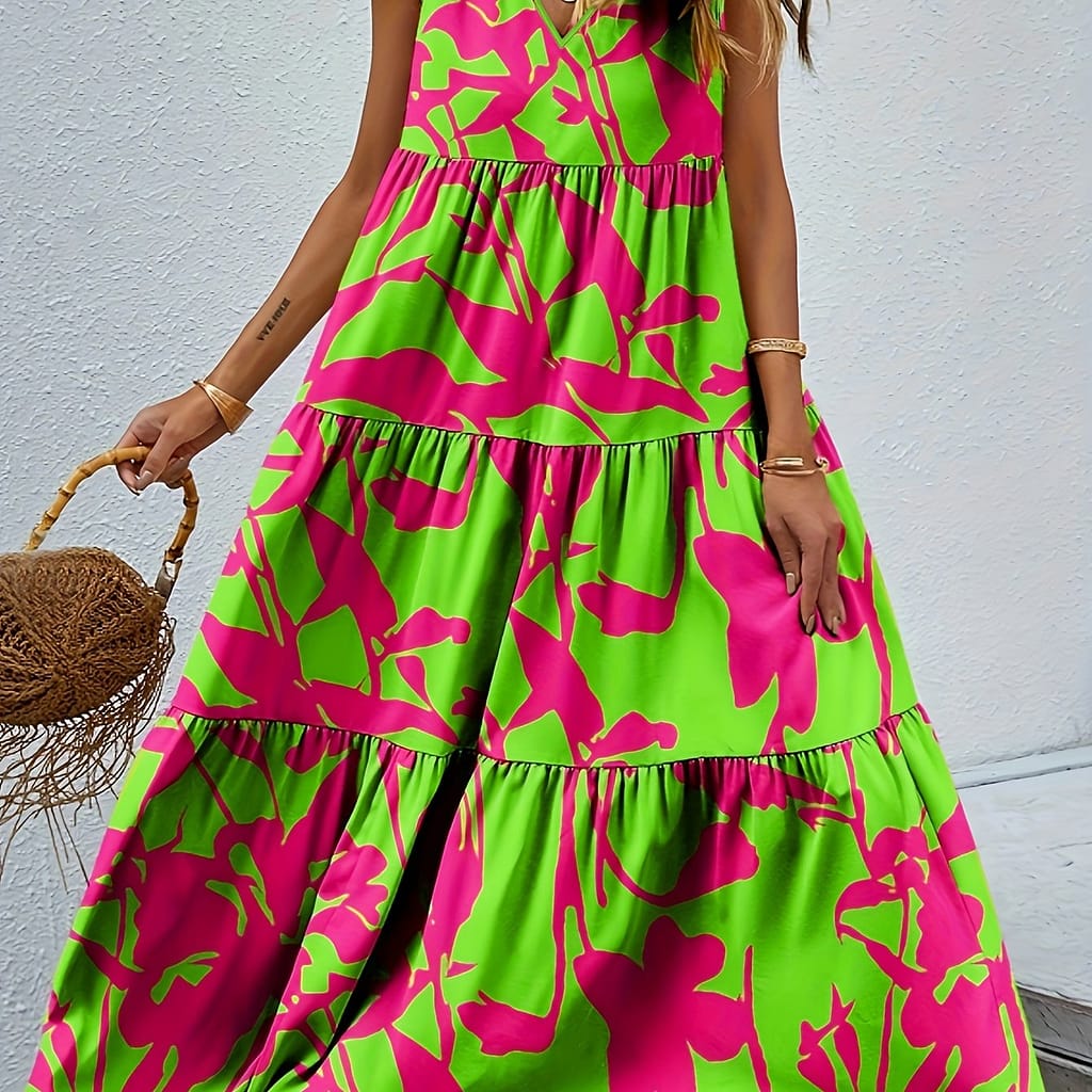 Elegant Floral V-neck Sleeveless Dress – Loose Fit, Polyester, Machine Washable – Vacation & Chic Clothing Shop Online at Dubai Trades 2