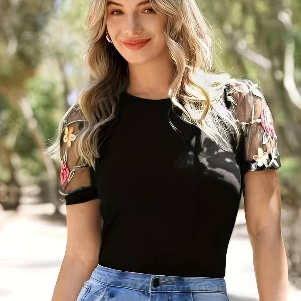Elegant For Women With Floral Mesh Sleeves – Chic Polyester Blend, Crew Neck, Short Sleeve Top, , Machine Washable Clothing Shop Online at Dubai Trades 2