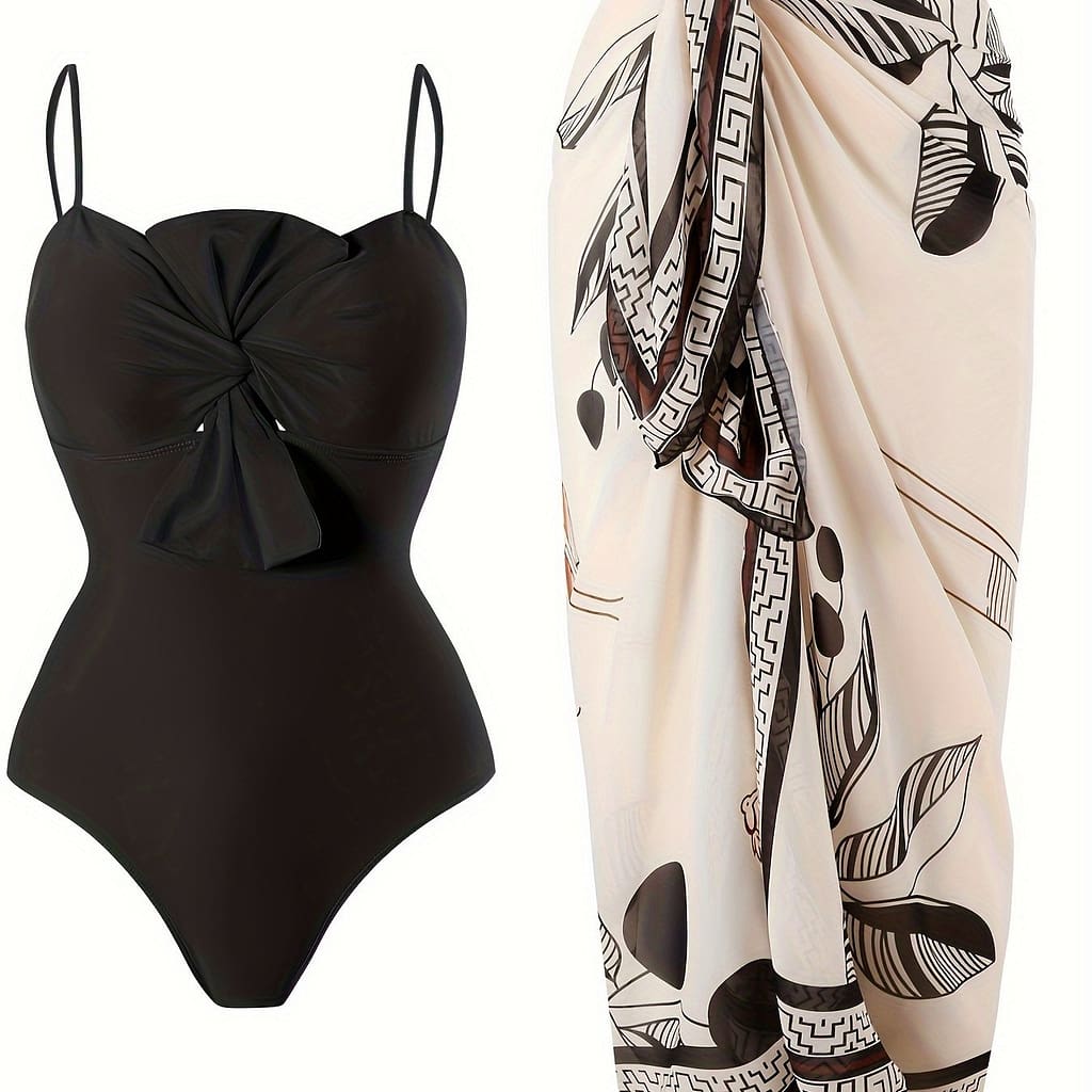 Elegant French-inspired Two-piece Swimsuit Set With Bow Detail – V-neck, High Stretch, Removable Pads, Solid Color – Women’s Fashion Clothing Shop Online at Dubai Trades 2