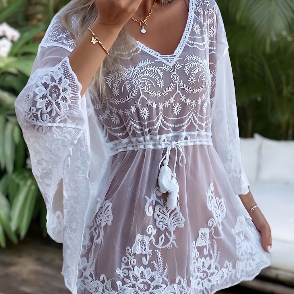 Elegant Lace Beach Cover-up Dress For Women, V-neck Batwing Sleeve Sun Protection Swimwear, Polyester Knit Fabric With Contrast Mesh Detail, Solid Color Clothing Shop Online at Dubai Trades 2