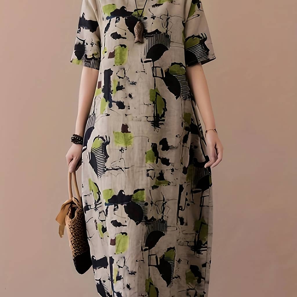 Elegant Linen Midi Dress With Vibrant Abstract Print – Casual Yet Chic, Short Sleeve, Round Neck, Machine Washable, No Stretch – Spring/summer/fall Events Clothing Shop Online at Dubai Trades 2