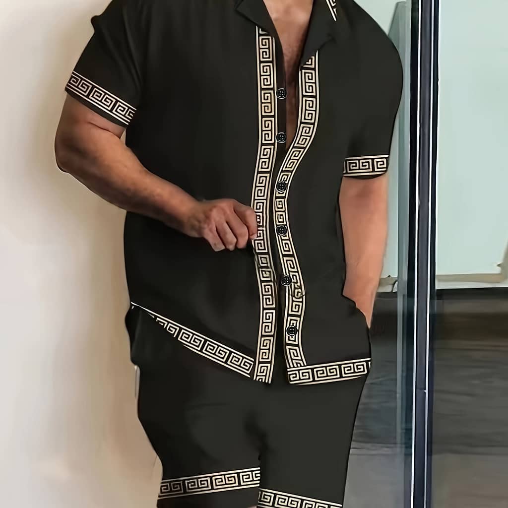 Elegant Men’s 2pcs Outfits, Casual Lapel Button Up Short Sleeve Shirts Hawaiian Shirt And Drawstring Shorts Set For Summer, Men’s Clothing Active Shop Online at Dubai Trades 2
