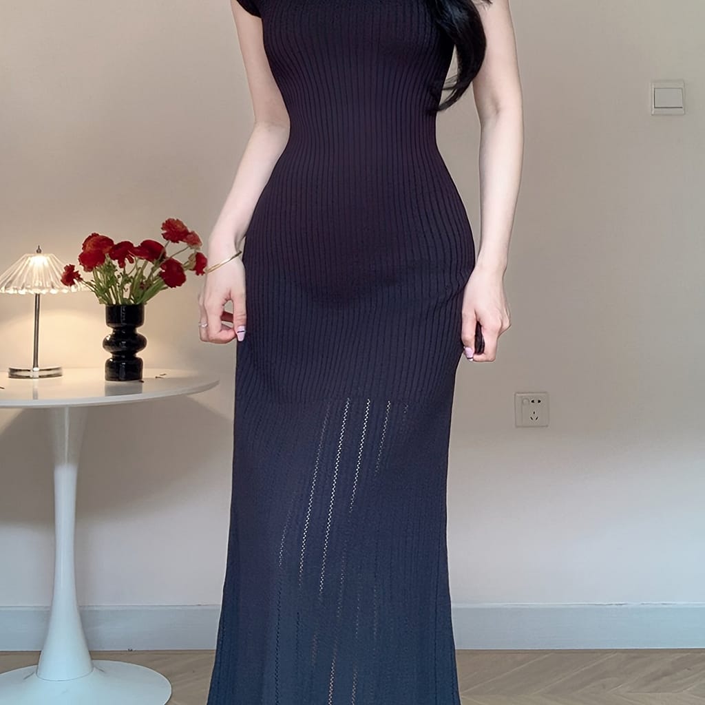 Elegant Neck Short Sleeve Ribbed Knit Dress – Summer Collection, Stretchy Nylon/viscose , A-line Silhouette With Chic Hollow-out Detail, Casual Or Dressy Clothing Shop Online at Dubai Trades 2