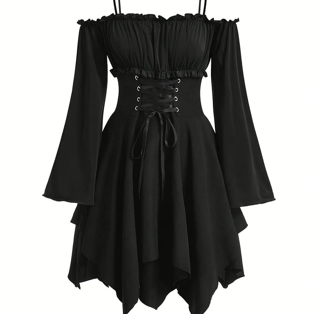 Elegant Off-shoulder Gothic Dress With Ruffle Hem And Asymmetrical High Waist – Solid Color, Long Sleeve, Polyester – Spring/summer/fall Clothing Shop Online at Dubai Trades 2