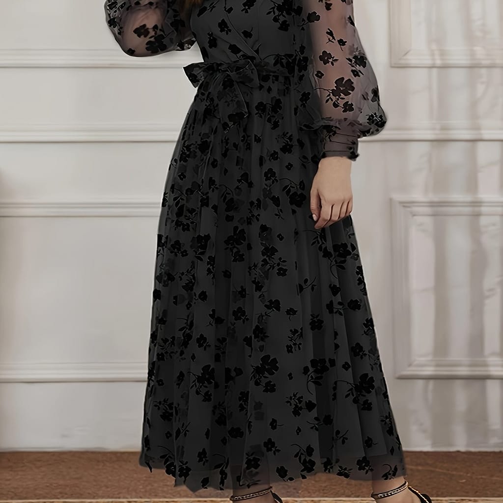 Elegant Plus Size Black Lace-trim V-neck Dress With Floral Pattern And Tie Waist Detail – Slim Fit Midi Dress For Women, Spring/fall, Plus Size Dress Clothing Shop Online at Dubai Trades 2
