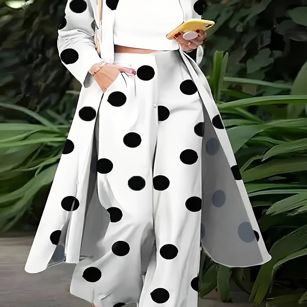 Elegant Plus Size Suit Set, Lapel Collar, Geometric Pattern, Non-stretch Polyester, With Pocket, 100gsm, 100% Polyester, For Women Clothing Shop Online at Dubai Trades 2