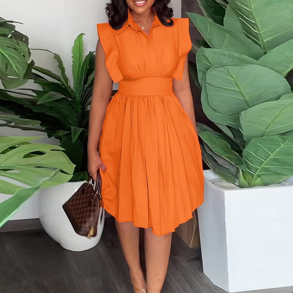 Elegant Sleeveless A-line Dress With Lapel Collar – Knee-length, Solid Color, Spring/summer/fall – Machine Washable Clothing Shop Online at Dubai Trades 2