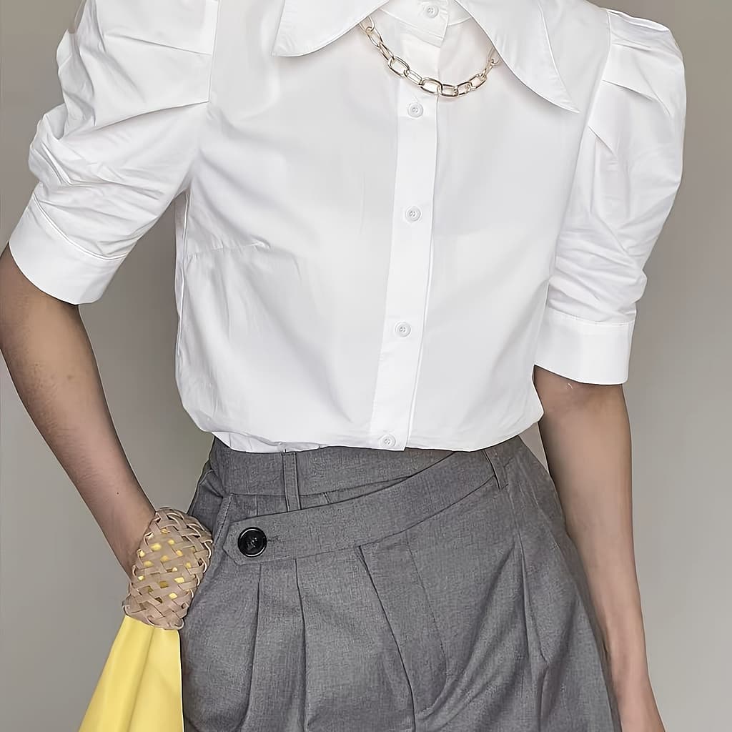 Elegant Solid Color Button-front Short Sleeve Shirt For Women, Polyester, Machine Washable, Short Sleeve, Women’s Clothing Blouses Shop Online at Dubai Trades 2