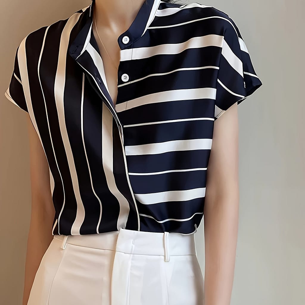 Elegant Striped Short Sleeve Blouse – Polyester, Asymmetrical Hem, Stand Collar, Machine Washable – Ideal For Casual Or Dressy Looks Blouses Shop Online at Dubai Trades 2