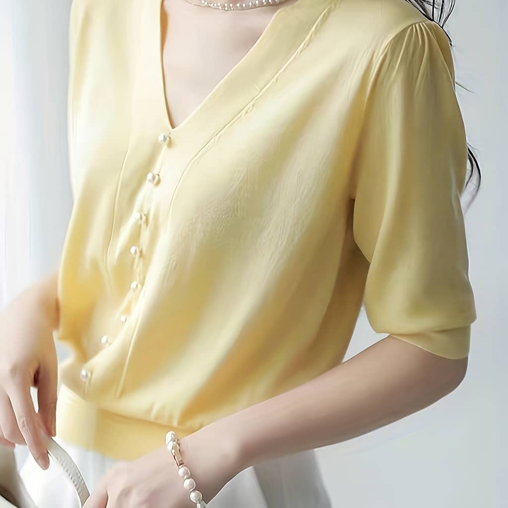 Elegant V-neck Knit Top For Women With Chic Pearl Button Detail – Short Sleeve, Loose Fit T-shirt Spring/summer/fall, Viscose/polyester Clothing Shop Online at Dubai Trades 2