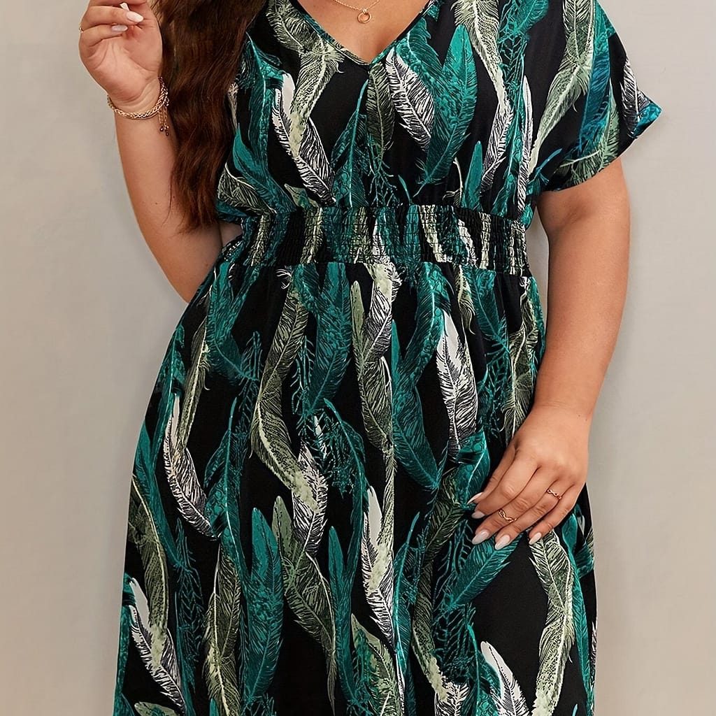 Elegant V-neck Peplum Dress, Polyester Floral Pattern Back Tie Dress With Slight Stretch, Shirred Details, For , Women’s Clothing Clothing Shop Online at Dubai Trades 2