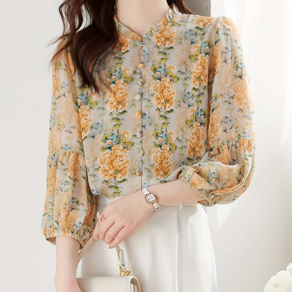 Elegant Women’s Floral Chiffon Blouse With Lantern Sleeves – 3/4 Length, Stand Collar, Button Detail, Lightweight And Flattering For Casual Blouses Shop Online at Dubai Trades 2