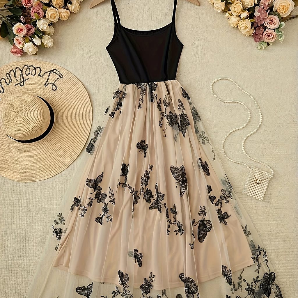 Elegant Women’s Lace & Tulle Embroidered Cami Dress – Sleeveless, Backless Design With Floral Patterns, Events Clothing Shop Online at Dubai Trades 2