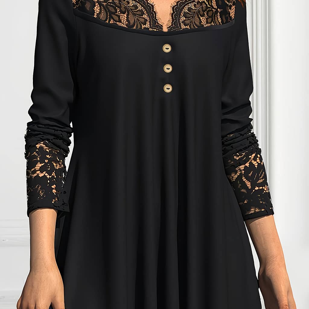 Elegant Women’s Lace-trimmed V-neck Top – Casual Long Sleeve, Button Detail, Breathable Polyester , Machine Washable – Ideal For Spring/summer/fall Clothing Shop Online at Dubai Trades 2