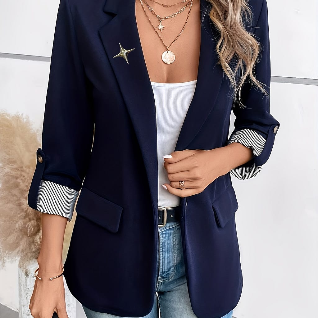 Elegant Women’s Navy – Chic Three-quarter Sleeve, Polyester, Button Front With Decorative , Machine Washable – Office & Casual Spring/summer Outfits Clothing Shop Online at Dubai Trades 2