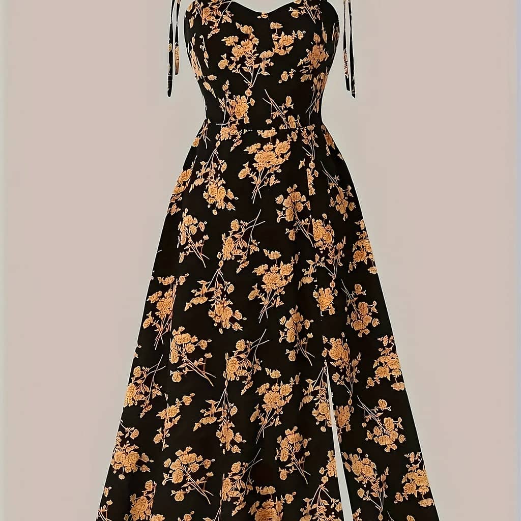 Elegant Y2k Floral Midi Dress For Women – Blue With White Flowers, Off-shoulder Design, Tie Straps, A-line Silhouette, Polyester, Machine Washable – Summer Clothing Shop Online at Dubai Trades 2