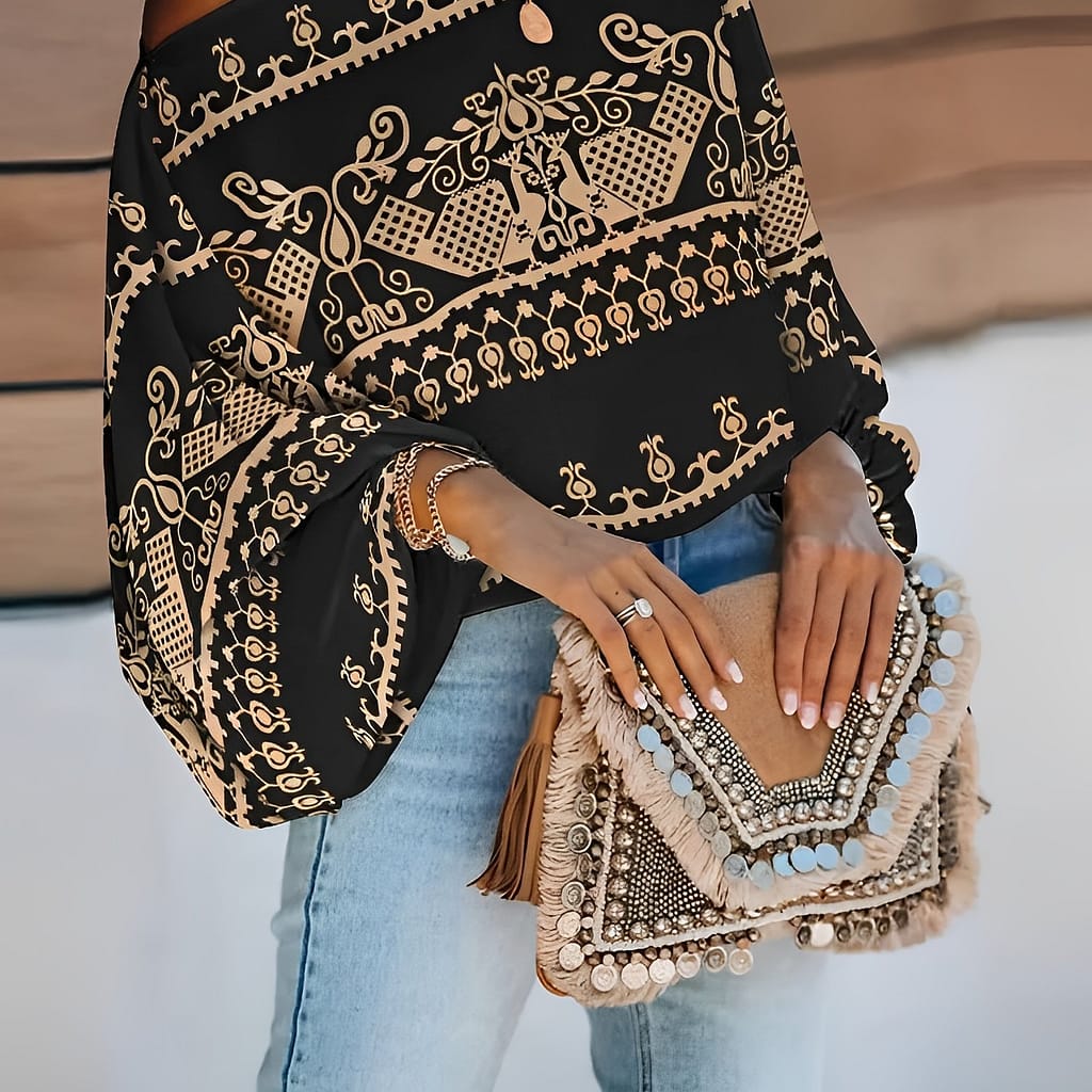 Ethnic Print Off Shoulder Blouse, Batwing Sleeve Blouse For Spring & Fall, Women’s Clothing Blouses Shop Online at Dubai Trades 2