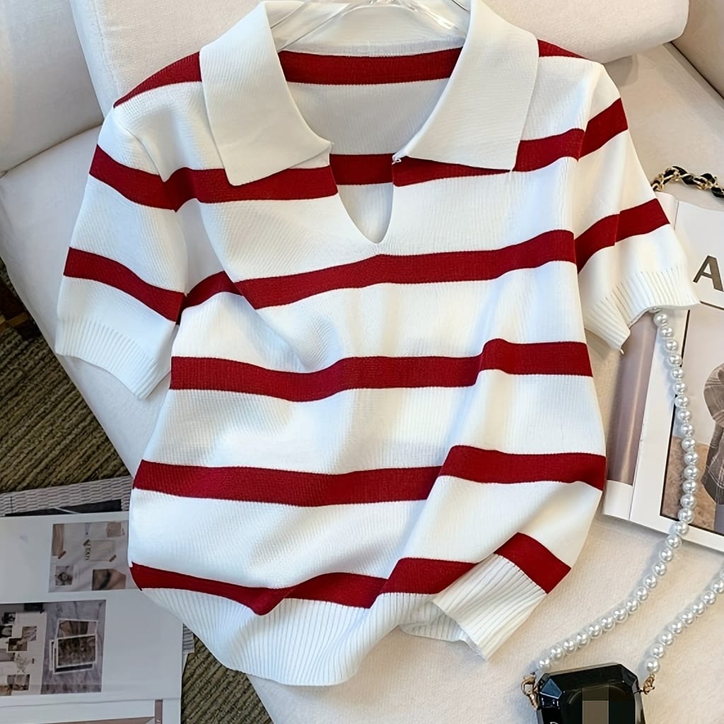 European And American Spring/summer New -blocking Striped Collar Short Sleeve Knitted Top Clothing Shop Online at Dubai Trades 2