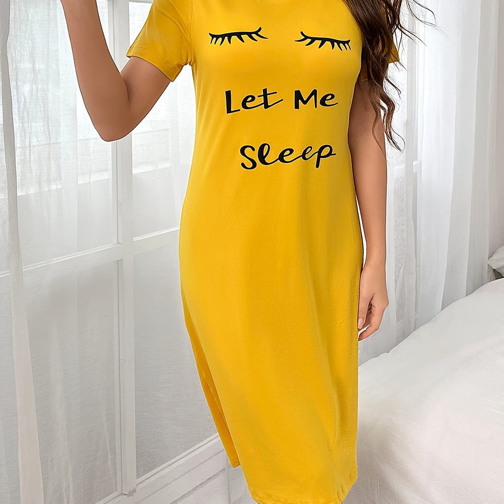 Eyelash & Slogan Print Nightgown, Casual Short Sleeve Round Neck Tee Sleep Dress, Women’s Sleepwear Clothing Shop Online at Dubai Trades 2