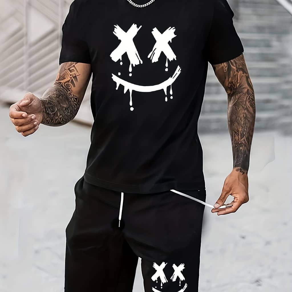 Eyes Smile Face Print, Men’s 2pcs Outfits, Casual Crew Neck Short Sleeve T-shirt And Drawstring Shorts Set For Summer, Men’s Clothing For Daily Vacation Resorts Active Shop Online at Dubai Trades 2
